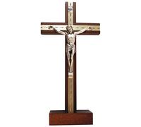 Biblegifts Standing Crucifix 9.5" 24cm Dark Wood Metal Inlay Corpus Christi Jesus Cross from Ideal for Nuns, Monks, Pastors, Vicars or Ministers. Boxed Gift