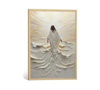 BIBLSPACE Jesus Walking on Water Wall Art Natural Wood Framed Religious Wall Decor Christian Paintings for Living Room Bible Verses Pictures for Bedroom Modern Christian Canvas Art 16x24 Inch