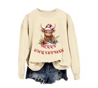 BIBOKAOKE Christmas Sweatshirt Women's Western Print Design Highland Cow Print Holiday Style Pullover For Lovers of Country Life Casual Fashion Long Sleeves Christmas Jumper, beige, XXL