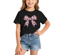 BIBOKAOKE Girls' Short-Sleeved T-Shirt with Colourful Leopard Bow Print, Cute Basic Top for Creative Craft Hours and Fun Children's Birthdays