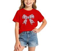 BIBOKAOKE Girls' Short-Sleeved T-Shirt with Colourful Leopard Bow Print, Cute Basic Top for Creative Craft Hours and Fun Children's Birthdays