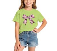 BIBOKAOKE Girls' Short-Sleeved T-Shirt with Colourful Leopard Bow Print, Cute Basic Top for Creative Craft Hours and Fun Children's Birthdays