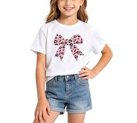 BIBOKAOKE Girls' Short-Sleeved T-Shirt with Colourful Leopard Bow Print, Cute Basic Top for Creative Craft Hours and Fun Children's Birthdays