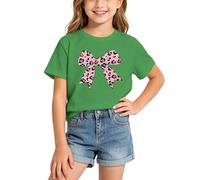 BIBOKAOKE Girls' Short-Sleeved T-Shirt with Colourful Leopard Bow Print, Cute Basic Top for Creative Craft Hours and Fun Children's Birthdays