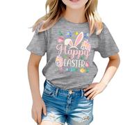 BIBOKAOKE Girls' T-Shirt with Easter Rabbit Ears and Colourful Eggs - Short Sleeve Shirt with Happy Easter Print | Festive Top for Children and Holiday Look