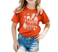 BIBOKAOKE Girls' T-Shirt with Easter Rabbit Ears and Colourful Eggs - Short Sleeve Shirt with Happy Easter Print | Festive Top for Children and Holiday Look
