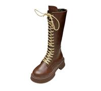 BIBOKAOKE Lace-Up Boots Women's High Long Shaft Boots Suede Half Boots Round Toe Heel High Shaft Boots Plain Long Shaft Boots Lace-Up Knight Boots, Style D02 Brown, 7 UK