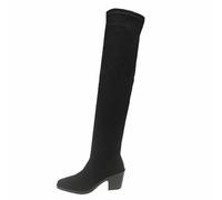 BIBOKAOKE Over-the-knee boots, women's high heels, high boots, long shaft boots, comfortable pointed winter boots, plain suede, women's boots, transition boots with block heel, Style J02 Black, 4 UK
