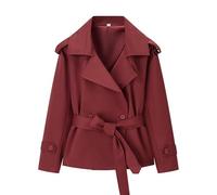 BIBOKAOKE Trench Coat Women's Short Lapel Double Breasted Cropped Wind Jacket Coat Classic Plain Jacket Windproof Transition Coat Casual Long Sleeve Short Trench Coat with Belt, L