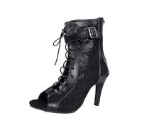 BIBOKAOKE Women's Ankle Boots with Lacing and Buckle, Elegant Open Shoes Made of Shiny Leather with High Heel, Stylish High Heel Shoes for Leisure and Everyday Use, Style W02 Black, 8 UK