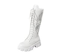 BIBOKAOKE Women's Boots with Decorative Embroidery - Knee-High Leather Boots with Lacing and Side Zip | Robust Thick Sole for Fashionable Looks in Rock or Gothic Style, Style H02 White, 8.5 UK