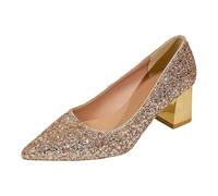 BIBOKAOKE Women's Glitter Chunky Block Heel Sequins High Heels Sexy Elegant Pointed Toe Platform Slip-On Pumps Wedding Basic Evening Dress Shoes Dance Shoes, Style B01 Gold, 5.5 UK