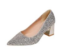 BIBOKAOKE Women's Glitter Chunky Block Heel Sequins High Heels Sexy Elegant Pointed Toe Platform Slip-On Pumps Wedding Basic Evening Dress Shoes Dance Shoes, Style B03 Silver, 5.5 UK