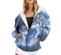 BIBOKAOKE Women's Hooded Pullover with Zip Vintage Hooded Jacket Sweatshirt with Pocket Starry Sky 3D Wolf Print Hoodie Streetwear Jacket Coat Casual Hip Hop Pullover, Style#h01 Blue, XL