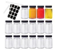 BiBOTLSFLY 2oz 16 Pack Glass Shot Bottles with Black Lids, Leakproof Clear Jars Travel Essentials Mini Bottles for Ginger, Wellness Shot, Juice, Oils, Sauce, Sample