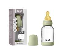 BIBS Baby Glass Bottle. 120ml. Anti-Colic. Vented Round Natural Rubber Latex Teat. Supports Natural Breastfeeding, Slow Flow, Complete Set - 120 ml, Sage