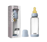 BIBS Baby Glass Bottle. 240ml. Anti-Colic. Vented Round Natural Rubber Latex Nipple. Supports Natural Breastfeeding, Medium Flow, Complete Set - 240 ml, Baby Blue