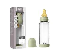 BIBS Baby Glass Bottle. 240ml. Anti-Colic. Vented Round Natural Rubber Latex Teat. Supports Natural Breastfeeding, Medium Flow, Complete Set - 240 ml, Sage