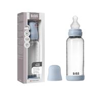 BIBS Baby Glass Bottle. 240ml. Anti-Colic. Vented Round Silcone Nipple. Supports Natural Breastfeeding, Medium Flow, Complete Set - 240 ml, Baby Blue