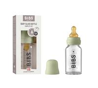 BIBS Baby Glass Bottle. Anti-Colic. Round Natural Rubber Latex Teat. Supports Natural Breastfeeding, Complete Set - 110 ml, Sage