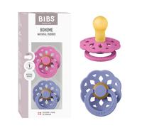 BIBS Boheme Dummy, 0-6 Months, 2-Pack, Round Teat, Bubblegum/Peri | Natural Rubber Latex | Size 1 | BPA-Free | Made in Denmark | High Teat Acceptance | Airflow Holes | Comfort Shield