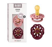 BIBS Boheme Dummy, 0-6 Months, 2-Pack, Round Teat, Dusty Pink/Elderberry | Natural Rubber Latex | Size 1 | BPA-Free | Made in Denmark | High Teat Acceptance | Airflow Holes | Comfort Shield