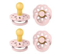 BIBS Boheme Dummy, 0-6 Months, 4-Pack, Round Teat, Blossom | Natural Rubber Latex | Size 1 | BPA-Free | Made in Denmark | High Teat Acceptance | Airflow Holes | Comfort Shield