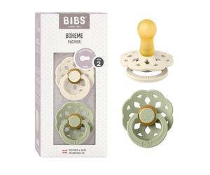BIBS Boheme Dummy, 6-18 Months, 2-Pack, Round Teat, Ivory/Sage | Natural Rubber Latex | Size 2 | BPA-Free | Made in Denmark | High Teat Acceptance | Airflow Holes | Comfort Shield