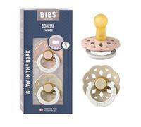 BIBS Boheme Glow Dummy, 0-6 Months, 2-Pack, Blush Glow/Vanilla Glow | Natural Rubber Latex | Size 1 | BPA-Free | Made in Denmark | Glow Handle | High Teat Acceptance | Airflow Holes