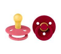 BIBS Colour Soother 2-Pack, BPA Free Dummy Pacifier, Round Nipple. Natural Rubber Latex, Size 1 (0-6 Months), Coral/Ruby