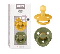 BIBS Colour Dummy, 0-6 Months, 2-Pack, Round Teat, Honey Bee/Olive | Natural Rubber Latex | Size 1 | BPA-Free | Made in Denmark | High Teat Acceptance | Airflow Holes | Comfort Shield