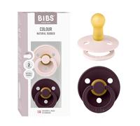 BIBS Colour Dummy, 6-18 months, 2-pack, Round Teat, Petal/Plum | Natural Rubber Latex | Size 2 | BPA-Free | Made in Denmark | High Teat Acceptance | Airflow Holes | Comfort Shield