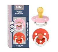 BIBS Colour Glow Dummy, 0-6 Months, 2-Pack, Baby Pink Glow/Tango Glow | Natural Rubber Latex | Size 1 | BPA-Free | Made in Denmark | Glow Handle | High Teat Acceptance | Airflow Holes