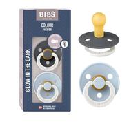 BIBS Colour Glow Dummy, 0-6 Months, 2-Pack, Iron Glow/Baby Blue Glow | Natural Rubber Latex | Size 1 | BPA-Free | Made in Denmark | Glow Handle | High Teat Acceptance | Airflow Holes