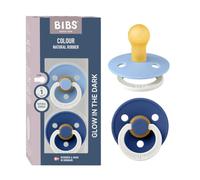 BIBS Colour Glow Dummy, 0-6 Months, 2-Pack, Sky Blue Glow/Cornflower Glow | Round Natural Rubber Teat | Size 1 | BPA-Free | Made in Denmark | Glow Handle | High Teat Acceptance | Airflow Holes