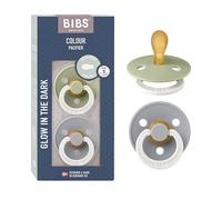 BIBS Colour Symmetrical Glow Soother 2-Pack, BPA Free Dummy Pacifier, Symmetrical Nipple. Natural Rubber Latex, Made in Denmark. Str. 1, Sage Glow/Cloud Glow