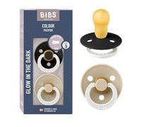 BIBS Colour Glow Dummy, 18-48 Months, 2-Pack, Black Glow/Vanilla Glow | Natural Rubber Latex | Size 3 | BPA-Free | Made in Denmark | Glow Handle | High Teat Acceptance | Airflow Holes