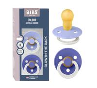 BIBS Colour Glow Dummy, 18-48 Months, 2-Pack, Hush Glow/Grape Glow | Natural Rubber Latex | Size 3 | BPA-Free | Made in Denmark | Glow Handle | High Teat Acceptance | Airflow Holes