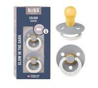 BIBS Colour Glow Dummy, 18-48 Months, 2-Pack, Round Teat, Cloud Glow | Natural Rubber Latex | Size 3 | BPA-Free | Made in Denmark | Glow Handle | High Teat Acceptance | Airflow Holes