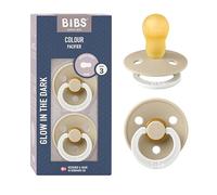 BIBS Colour Glow Dummy, 18-48 Months, 2-Pack, Round Teat, Vanilla Glow | Natural Rubber Latex | Size 3 | BPA-Free | Made in Denmark | Glow Handle | High Teat Acceptance | Airflow Holes