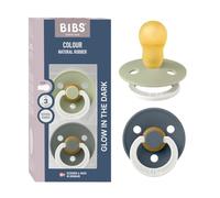 BIBS Colour Glow Dummy, 18-48 Months, 2-Pack, Sage Glow/Pine Glow | Natural Rubber Latex | Size 3 | BPA-Free | Made in Denmark | Glow Handle | High Teat Acceptance | Airflow Holes