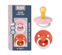 BIBS Colour Glow Dummy, 6-18 Months, 2-Pack, Baby Pink Glow/Tango Glow | Natural Rubber Latex | Size 2 | BPA-Free | Made in Denmark | Glow Handle | High Teat Acceptance | Airflow Holes