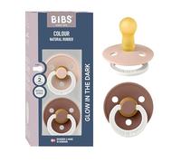 BIBS Colour Glow Dummy, 6-18 Months, 2-Pack, Blush Glow/Woodchuck Glow | Natural Rubber Latex | Size 2 | BPA-Free | Made in Denmark | Glow Handle | High Teat Acceptance | Airflow Holes