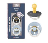 BIBS Colour Glow Dummy, 6-18 Months, 2-Pack, Iron Glow/Baby Blue Glow | Natural Rubber Latex | Size 2 | BPA-Free | Made in Denmark | Glow Handle | High Teat Acceptance | Airflow Holes