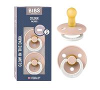 BIBS Colour Glow Dummy, 6-18 Months, 2-Pack, Round Teat, Blush Glow | Natural Rubber Latex | Size 2 | BPA-Free | Made in Denmark | Glow Handle | High Teat Acceptance | Airflow Holes