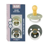 BIBS Colour Glow Dummy, 6-18 Months, 2-Pack, Sage Glow/Pine Glow | Natural Rubber Latex | Size 2 | BPA-Free | Made in Denmark | Glow Handle | High Teat Acceptance | Airflow Holes