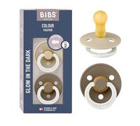 BIBS Colour Glow Dummy, 6-18 Months, 2-Pack, Vanilla Glow/Dark Oak Glow | Natural Rubber Latex | Size 2 | BPA-Free | Made in Denmark | Glow Handle | High Teat Acceptance | Airflow Holes
