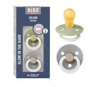 BIBS Colour Glow Soother 2-Pack, Glow in The Dark BPA Free Dummy Pacifier, Round Nipple. Natural Rubber Latex, Size 3 (18+ Months), Sage Night/Cloud Night