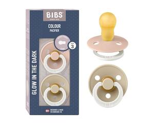 BIBS Colour Glow Soother 2-Pack, Glow in The Dark BPA Free Dummy Pacifier, Round Nipple. Natural Rubber Latex, Size 3 (18+ Months), Blush Night/Vanilla Night
