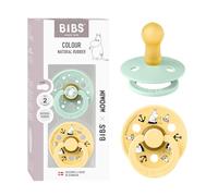 BIBS Colour Moomins Soother 2-Pack, BPA Free Dummy Pacifier, Round Nipple. Natural Rubber Latex, Made in Denmark, Size 2 (6-18 Months), Nordic Mint/Pale Butter